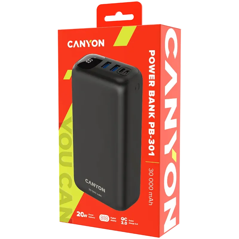 CANYON power bank PB-301 LED 30000 mAh PD 20W QC 3.0 Black - 1