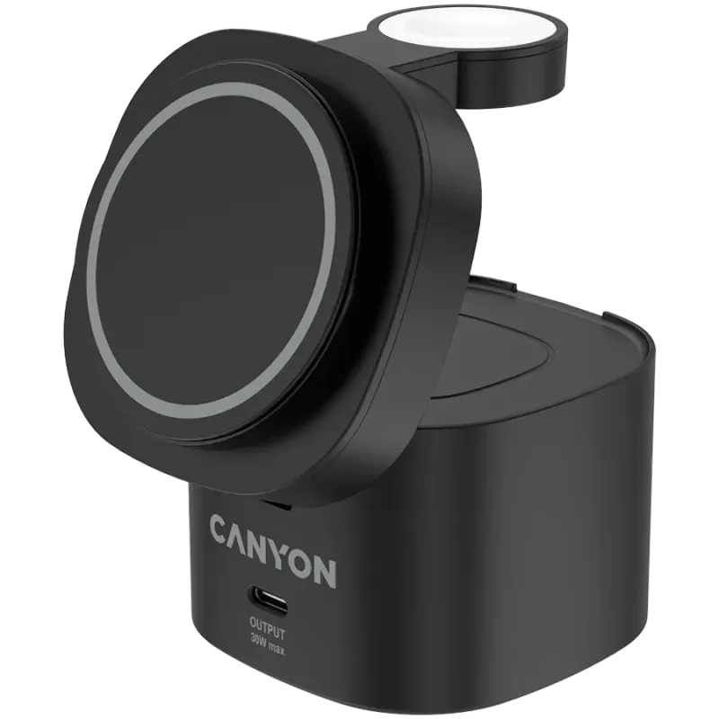 Canyon 4 in 1 Wireless Charging Stand, 30W max, Size: 70x70x70.3mm, weight: 414g, with 65W charger and 1M cable, black - 1