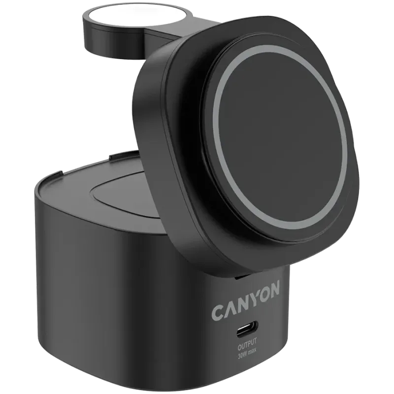 Canyon 4 in 1 Wireless Charging Stand, 30W max, Size: 70x70x70.3mm, weight: 414g, with 65W charger and 1M cable, black - 1