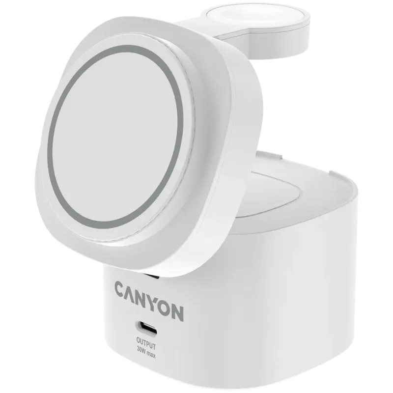 Canyon 4 in 1 Wireless Charging Stand, 30W max, Size: 70x70x70.3mm, weight: 414g, with 65W charger and 1M cable, white - 1