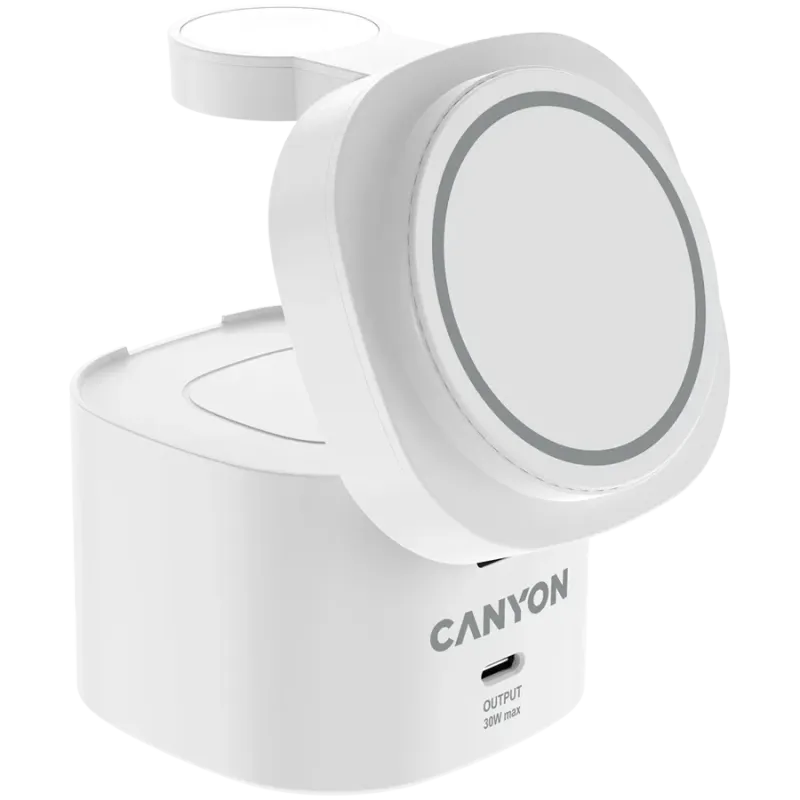Canyon 4 in 1 Wireless Charging Stand, 30W max, Size: 70x70x70.3mm, weight: 414g, with 65W charger and 1M cable, white - 1