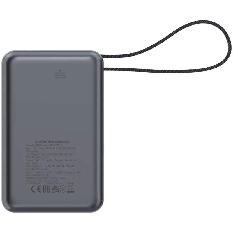 CANYON power bank OnPower 600 built-in cable 20000 mAh PD65W Dark Grey - 1