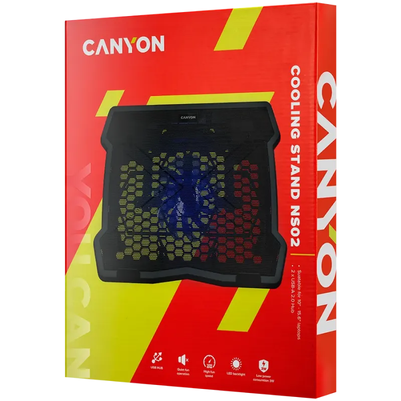 CANYON NS02, Cooling stand single fan with 2x2.0 USB hub, support up to 10”-15.6” laptop, ABS plastic and iron, Fans dimension:1
