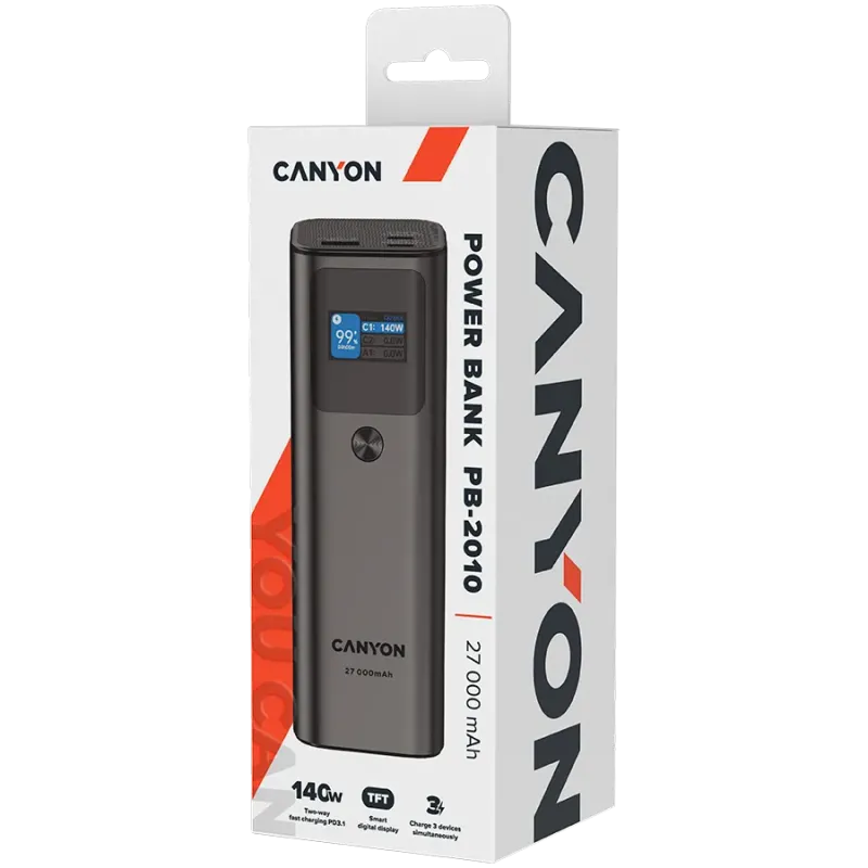 CANYON power bank PB-2010 TFT 27000 mAh 97.2Wh PD140W QC 3.0 Dark Grey - 1