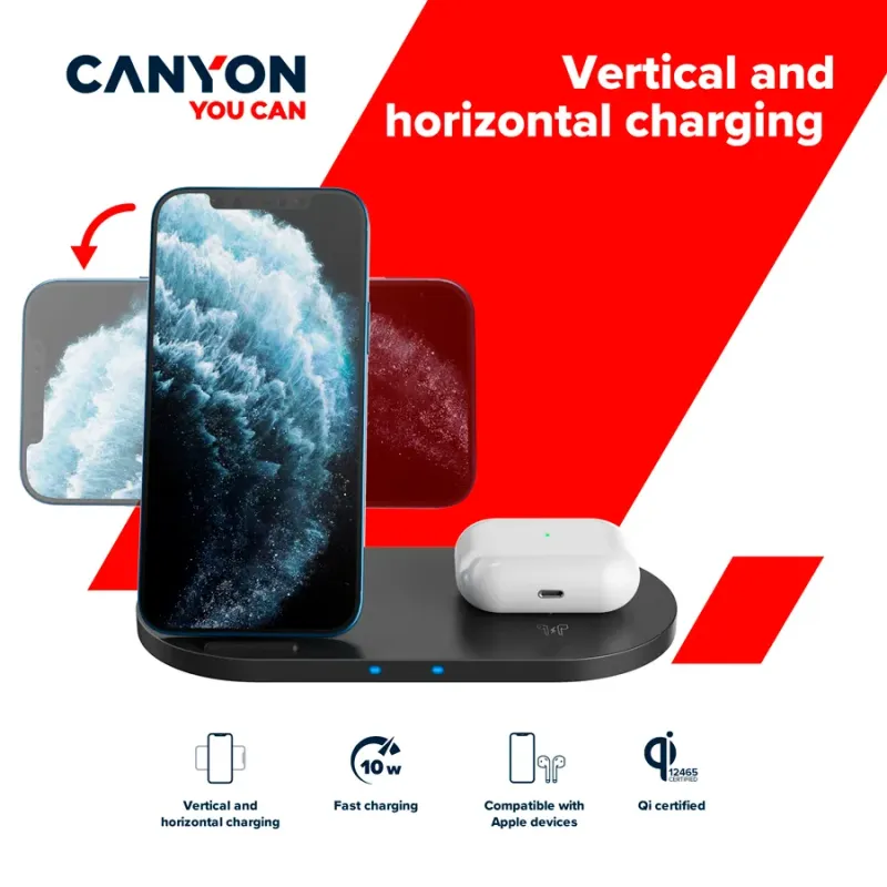 CANYON wireless charger WS-202 10W 2in1 Black - 1