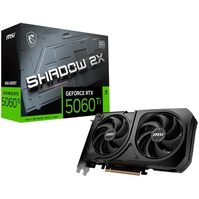 MSI Video Card NVIDIA GeForce RTX 5060 Ti 8G SHADOW 2X OC PLUS, 8GB GDDR7, 128-bit, 2617 MHz Boost, 4608 CUDA Cores, PCIe 5.0 (x