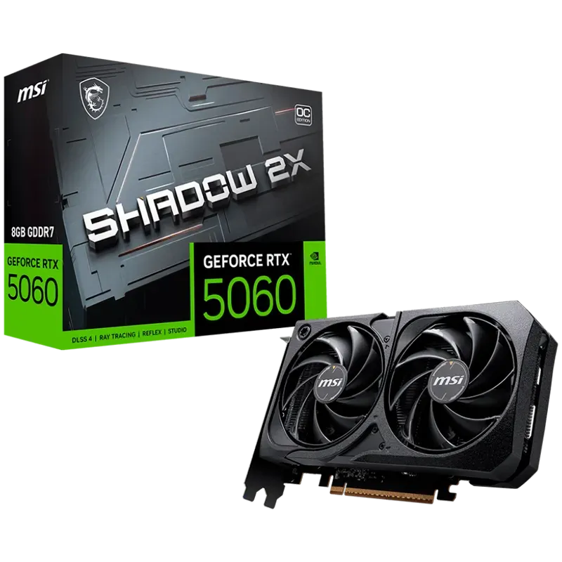 MSI Video Card NVIDIA GeForce RTX 5060 8G SHADOW 2X OC, 8GB GDDR7, 128-bit, 2535 MHz Boost, 3840 CUDA Cores, PCIe 5.0 (x8), 3x D