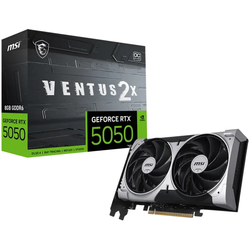 MSI Video Card NVIDIA GeForce RTX 5050 8G VENTUS 2X OC, 8GB GDDR6, 128-bit, 2602 MHz Boost, 2560 CUDA Cores, PCIe 5.0 (x8), 3x D
