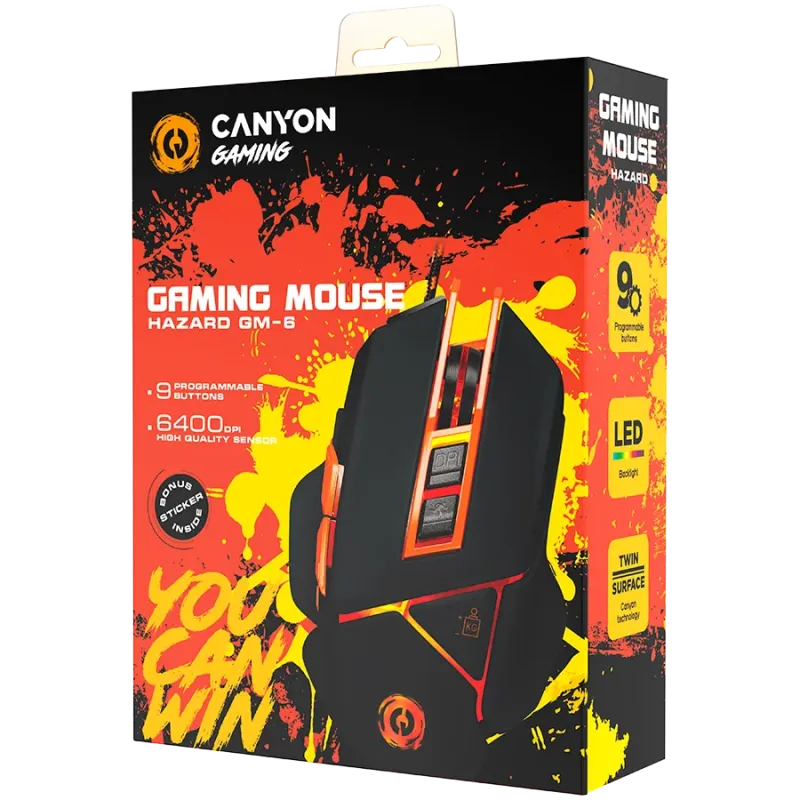 CANYON Optical gaming mouse, adjustable DPI setting 800/1000/1200/1600/2400/3200/4800/6400, LED backlight, moveable weight slot 
