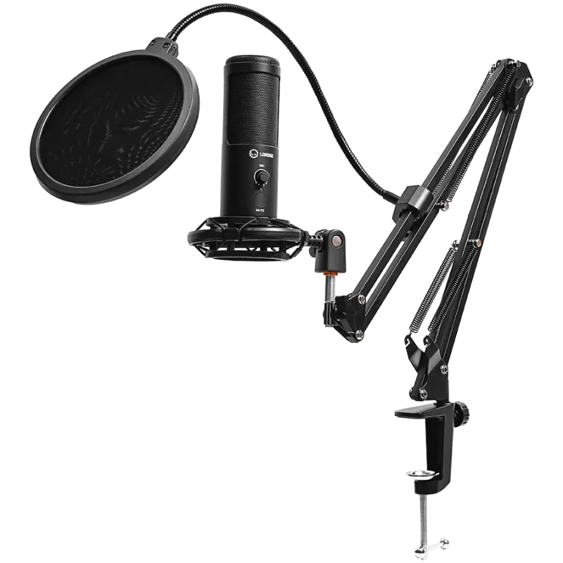 LORGAR Voicer 931, Gaming Microphone, Black, USB condenser microphone with boom arm stand, pop filter, tripod stand. including 1