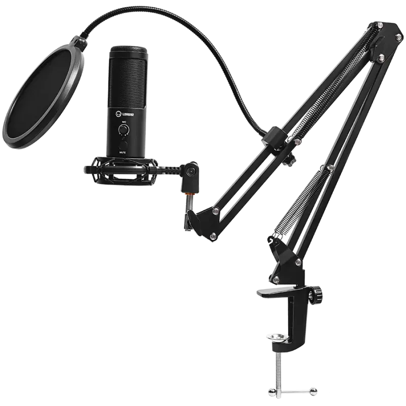 LORGAR Voicer 931, Gaming Microphone, Black, USB condenser microphone with boom arm stand, pop filter, tripod stand. including 1