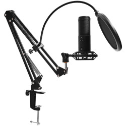 LORGAR Voicer 931, Gaming Microphone, Black, USB condenser microphone with boom arm stand, pop filter, tripod stand. including 1