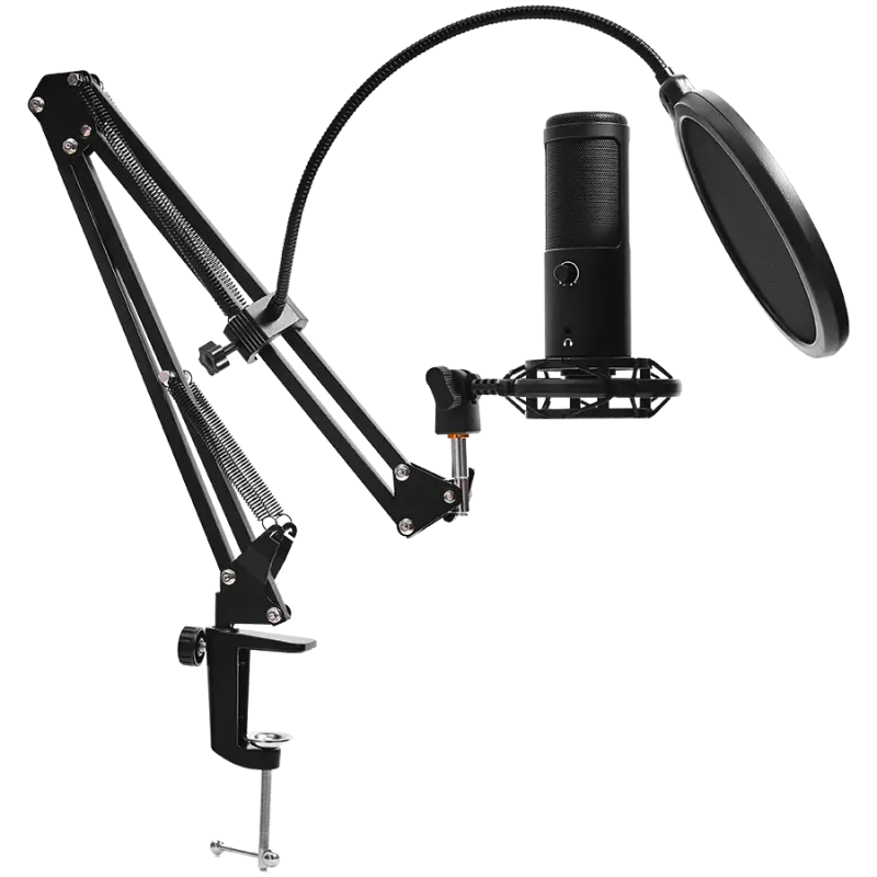LORGAR Voicer 931, Gaming Microphone, Black, USB condenser microphone with boom arm stand, pop filter, tripod stand. including 1