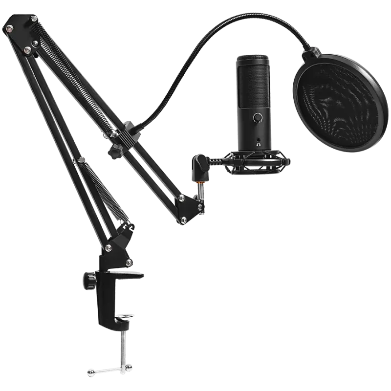 LORGAR Voicer 931, Gaming Microphone, Black, USB condenser microphone with boom arm stand, pop filter, tripod stand. including 1