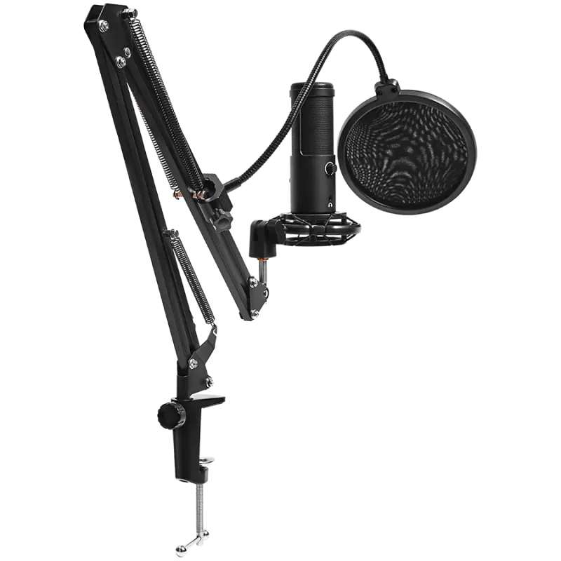 LORGAR Voicer 931, Gaming Microphone, Black, USB condenser microphone with boom arm stand, pop filter, tripod stand. including 1
