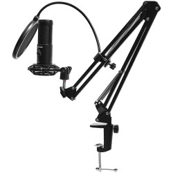 LORGAR Voicer 931, Gaming Microphone, Black, USB condenser microphone with boom arm stand, pop filter, tripod stand. including 1