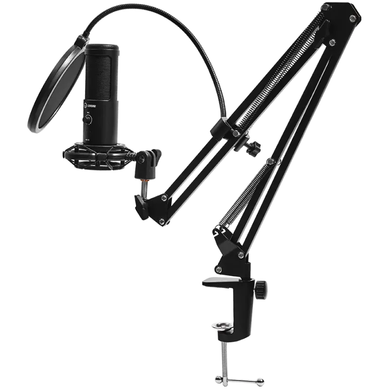 LORGAR Voicer 931, Gaming Microphone, Black, USB condenser microphone with boom arm stand, pop filter, tripod stand. including 1