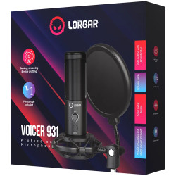 LORGAR Voicer 931, Gaming Microphone, Black, USB condenser microphone with boom arm stand, pop filter, tripod stand. including 1