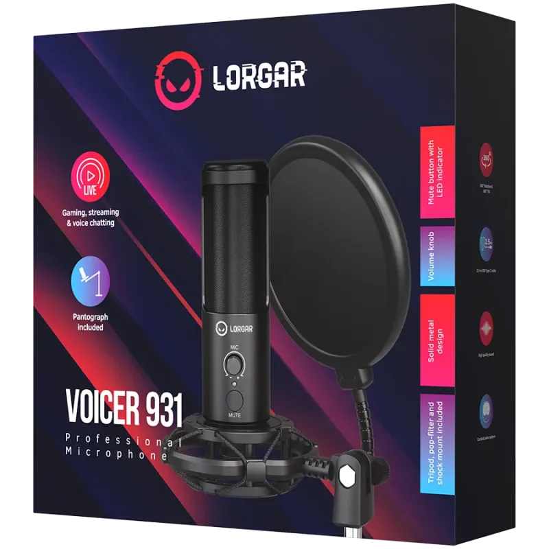 LORGAR Voicer 931, Gaming Microphone, Black, USB condenser microphone with boom arm stand, pop filter, tripod stand. including 1