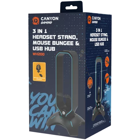 CANYON WH-200, Gaming 3 in 1 Headset stand, Bungee and USB 2.0 hub, 2 USB hub, 1.5m standard USB to USB 5mm PVC cable, Weighted 