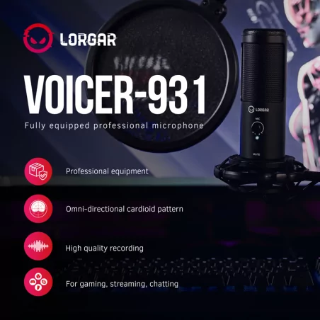 LORGAR Voicer 931, Gaming Microphone, Black, USB condenser microphone with boom arm stand, pop filter, tripod stand. including 1