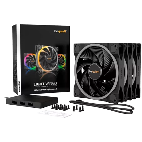 be quiet! LIGHT WINGS 140mm PWM high-speed Triple-Pack, 4-pin, Fan speed: 2200RPM, ARGB (ARGB Hub included), 31 db(A), 3 years w