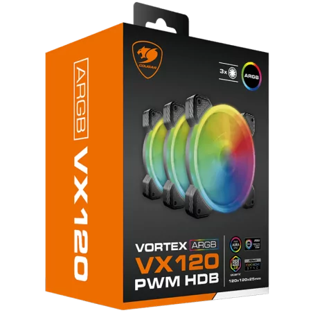 COUGAR Vortex ARGB VX120 KIT, Cooling Fan, Hydro-Dynamic Bearing, 48.98 CFM ± 10% Air Flow, 1.04 mmH20 ± 10% Static Pressure, Sp