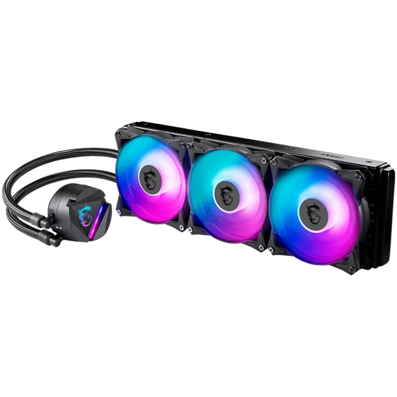 MSI MAG CORELIQUID 360R V2 Liquid Cooler, 3x 120mm ARGB 2000rpm PWM Fans, ARGB Block, Radiator Pump Design, Rotatable Blockhead,