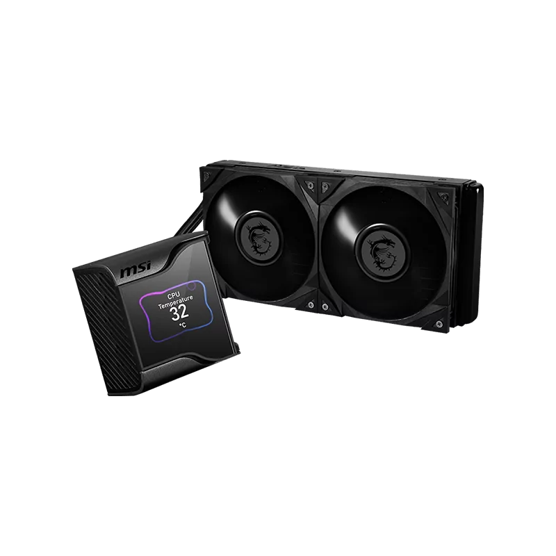 MSI MEG CORELIQUID S280 Liquid Cooler, 2x MEG SILENT GALE P14 1800rpm PWM Fans, 2.4” Customizable IPS Display, VRM Fan, Intel LG