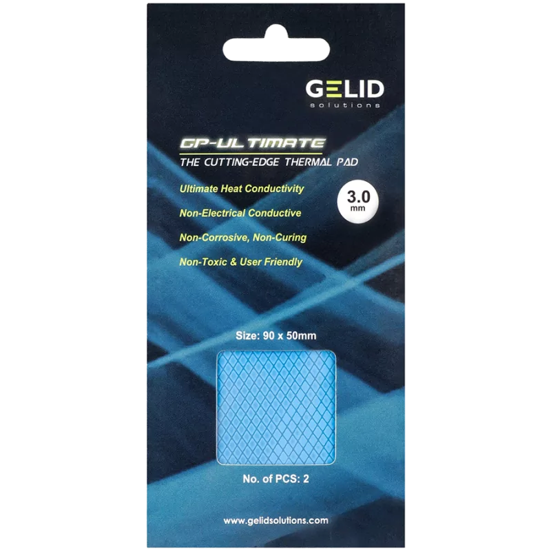 GELID GP-ULTIMATE 90 x 50 THERMAL PAD, Value Pack (2pcs included): 3 mm, Density (g/cm3): 3.2, Size (mm): 90 x 50, Thermal Condu GELID GP-ULTIMATE 90 x 50 THERMAL PAD, Value Pack (2pcs included): 3 mm, Density (g/cm3): 3.2, Size (mm): 90 x 50, Thermal Condu