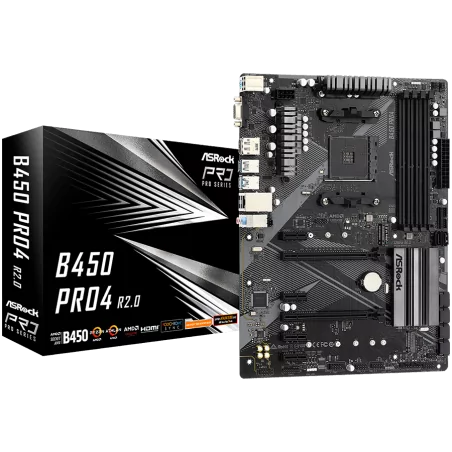 ASROCK Main Board Desktop B450 PRO4 (B450, AM4, 4xDDR4, HDMI/DP/D-Sub, 2 PCIe 3.0 x16, 4 PCIe 2.0 x1, 2xM.2, 6 SATA3, 1x USB-C, 