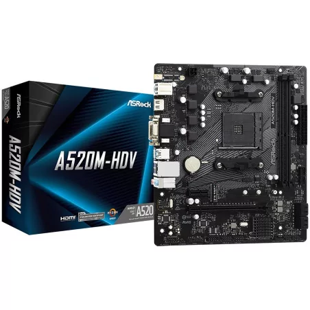 ASROCK Main Board Desktop A520M-HDV (AM4, 2xDDR4, PCIe 3.0 x16,PCIe 3.0 x1, M.2, 4 SATA3, D-Sub, DVI, HDMI, mATX, retail) - 1