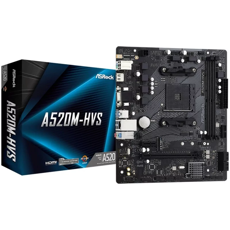 ASROCK Main Board Desktop A520M-HVS (AM4, 2xDDR4, PCIe 3.0 x16,PCIe 3.0 x1, M.2, 4 SATA3, D-Sub, HDMI, mATX, retail) - 1