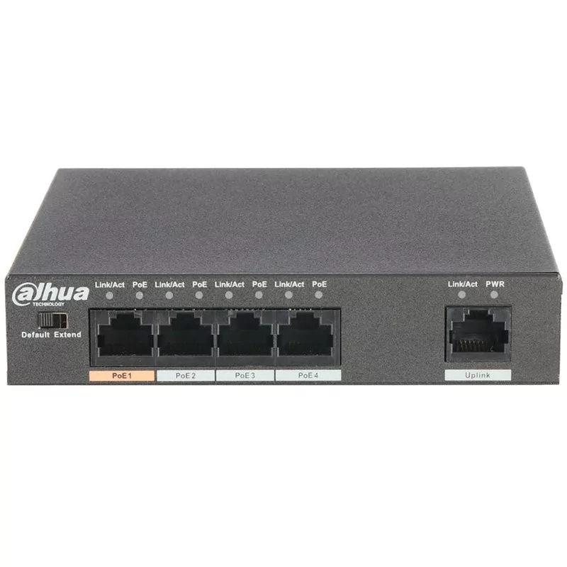 4-Port PoE Switch 10/100 Mbps (Unmanaged), 1 Uplink port, transmission distance of power and data up to 250m (extended mode). - 
