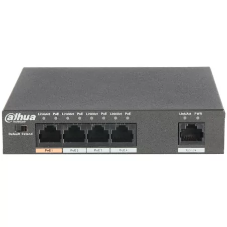 4-Port PoE Switch 10/100 Mbps (Unmanaged), 1 Uplink port, transmission distance of power and data up to 250m (extended mode). - 