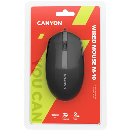 CANYON M-10, Canyon Wired optical mouse with 3 buttons, DPI 1000, with 1.5M USB cable, black, 65*115*40mm, 0.1kg - 6