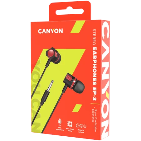 CANYON Stereo earphones with microphone, 1.2M, red - 3