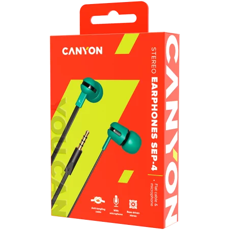 CANYON SEP-4 Stereo earphone with microphone, 1.2m flat cable, Green, 22*12*12mm, 0.013kg - 2