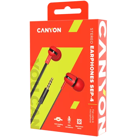 CANYON SEP-4 Stereo earphone with microphone, 1.2m flat cable, Red, 22*12*12mm, 0.013kg - 2