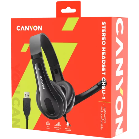 CANYON CHSU-1 basic PC headset with microphone, USB plug, leather pads, Flat cable length 2.0m, 160*60*160mm, 0.13kg, Black - 5