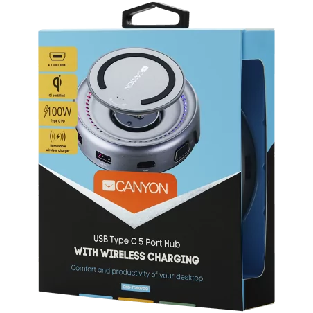 CANYON DS-7 Multiport Docking Station with 5 port, with wireless charger 10W, 2*Type C+1*HDMI+1*VGA+1*USB3.0+1*USB2.0. Input 100
