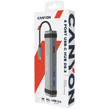 CANYON DS-3 Multiport Docking Station with 4 ports:1*Type C male+1*Type C female+2*USB3.0+1*HDMI, Input 100-240V, Output USB-C P