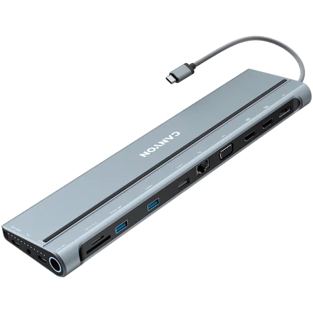 CANYON DS-90, 14 in 1 hub, with Type C female *2,Type C male *1:max 10Gbps,USBA*3:max 10Gbps,DP*1，VGA*1,SD card slot*1,TF card s