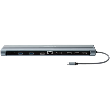 CANYON DS-90, 14 in 1 hub, with Type C female *2,Type C male *1:max 10Gbps,USBA*3:max 10Gbps,DP*1，VGA*1,SD card slot*1,TF card s