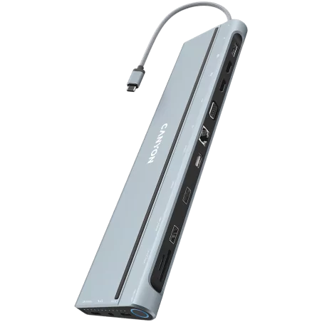 CANYON DS-90, 14 in 1 hub, with Type C female *2,Type C male *1:max 10Gbps,USBA*3:max 10Gbps,DP*1，VGA*1,SD card slot*1,TF card s