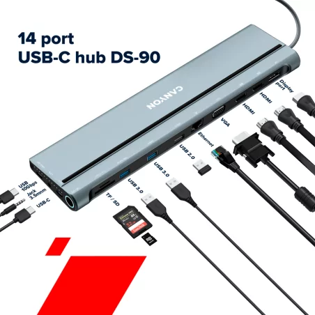 CANYON DS-90, 14 in 1 hub, with Type C female *2,Type C male *1:max 10Gbps,USBA*3:max 10Gbps,DP*1，VGA*1,SD card slot*1,TF card s