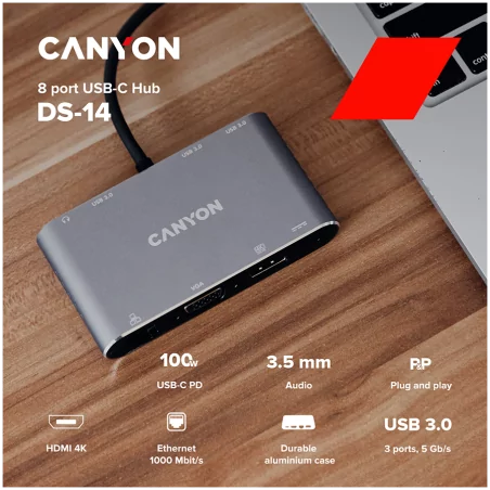 CANYON  8 in 1 USB C hub, with 1*HDMI: 4K*30Hz, 1*VGA, 1*Type-C PD charging port, Max 100W PD input. 3*USB3.0,transfer speed up 