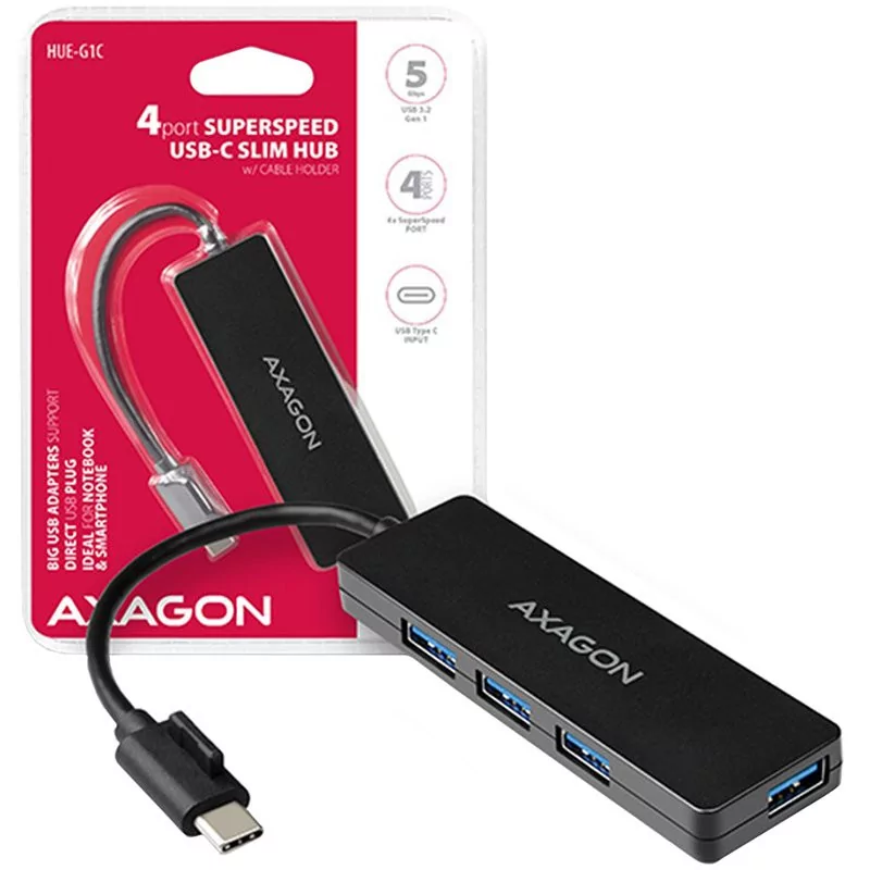 AXAGON HUE-G1C 4x USB3.1 Gen1 SLIM hub w. 14cm Type-C cable - 1 AXAGON HUE-G1C 4x USB3.1 Gen1 SLIM hub w. 14cm Type-C cable - 1