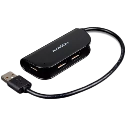 Handy four-port USB 2.0 hub with a permanently connected USB cable. Black.