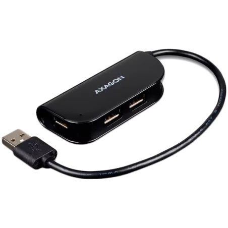 Handy four-port USB 2.0 hub with a permanently connected USB cable. Black. - 1
